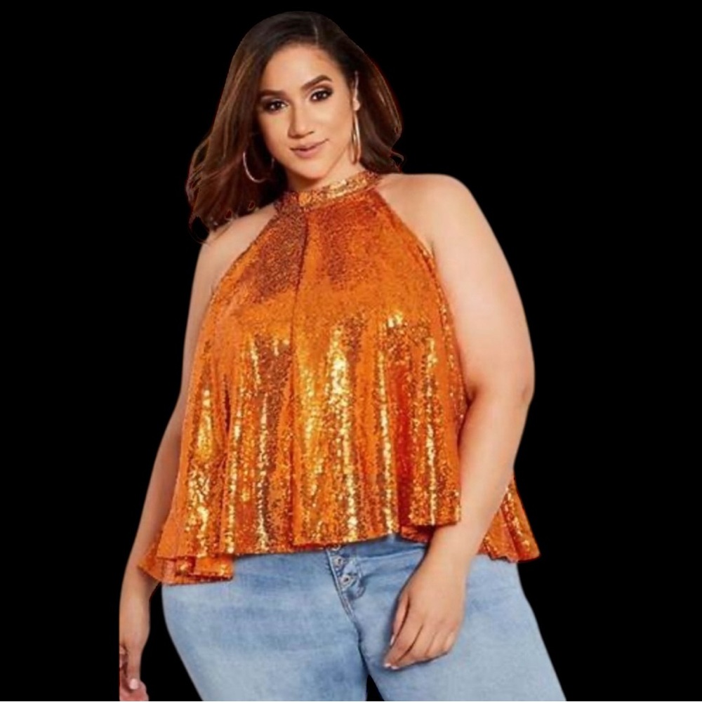 Sparkling Orange Sequin Halter Top